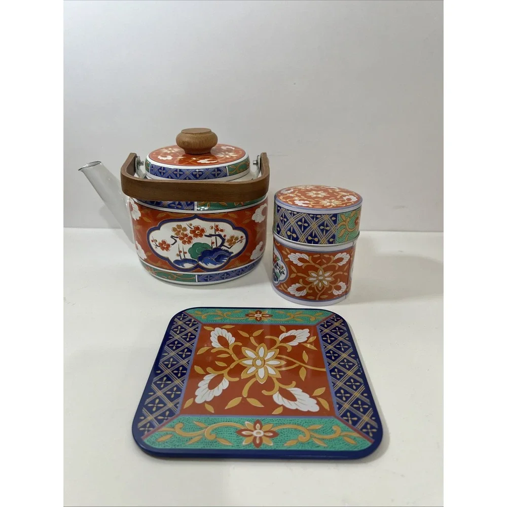 Tea Set ‎  3piece tea set From Japan, Hand Painted, Porcelain Enamel Wood Handle